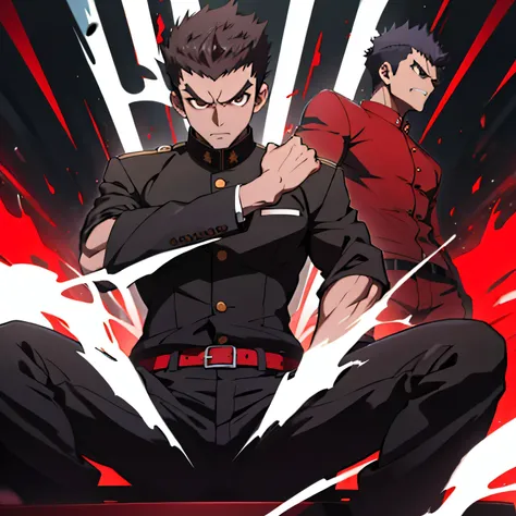 Age 25,,Simple black GAKURAN、Red Shirt,  black slim pants  ,cool battle pose、Spread your legs wider,black belt,logic, Gay ,Brown Hair, short hair on the side of the uniform, thick eyebrows, Lightly Set Your Hair with Wax 、Masculine,salaryman,Mob characters...