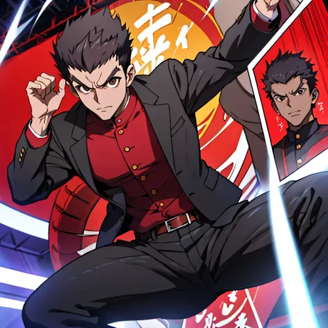 Age 25,,Simple black GAKURAN、Red Shirt,  black slim pants  ,cool battle pose、Spread your legs wider,black belt,logic, Gay ,Brown Hair, short hair on the side of the uniform, thick eyebrows, Lightly Set Your Hair with Wax 、Masculine,salaryman,Mob characters...