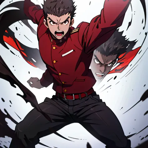 Age 25,,Simple black GAKURAN、Red Shirt,  black slim pants  ,cool battle pose、Spread your legs wider,black belt,logic, Gay ,Brown Hair, short hair on the side of the uniform, thick eyebrows, Lightly Set Your Hair with Wax 、Masculine,salaryman,Mob characters...