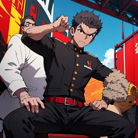 Age 25,,Simple black GAKURAN、Red Shirt,  black slim pants  ,cool battle pose、Spread your legs wider,black belt,logic, Gay ,Brown Hair, short hair on the side of the uniform, thick eyebrows, Lightly Set Your Hair with Wax 、Masculine,salaryman,Mob characters...