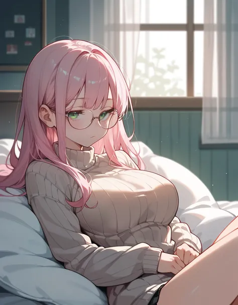 Masterpiece, best quality, high quality, anime, home bedroom, 1girl, (droopy eyes), half closed eyes, big Breasts, Pink Hair, Long Hair, Straight Hair, small glasses, Green Eyes, sweater, detailed , high quality shadows