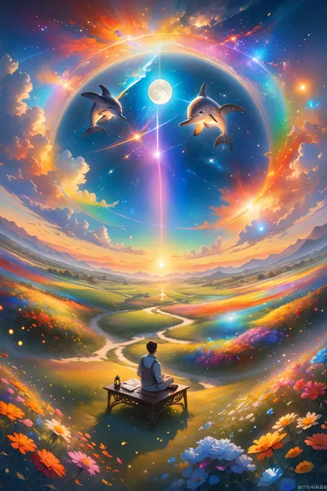  group of clouds in the shape of a dolphin 、 Show viewer ,  Just Focus , dynamic angles, Ultra-fine,  Depth of Written Boundary,  wide angle lens ,   various landscape photos   ,(  Field below seen from above ), Man sitting in a field of flowers , (full mo...