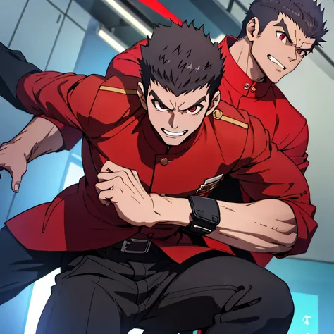 Age 25,,Simple black GAKURAN、Red Shirt,  black slim pants  ,cool battle pose、Spread your legs wider,black belt,logic, Gay ,Brown Hair, short hair on the side of the uniform, thick eyebrows, Lightly Set Your Hair with Wax 、Masculine,salaryman,Mob characters...