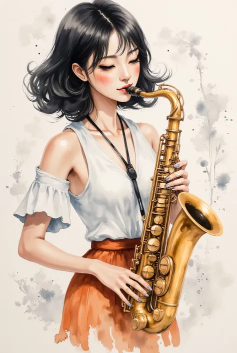 (masterpiece:1.4,  best quality, Mirror finish,  Cinematic Experience , Top Illustrations :2.0),16k,(watercolor:2.0), Light color、watercolor画,2.5D,#SDXL、Saxophone player、 playing saxophone 、 closing eyes and puffing cheeks、Accurate saxophone 、watercolor画風、...