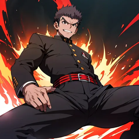 Age 25,,Simple black GAKURAN、Red Shirt,  black slim pants  ,cool battle pose、Spread your legs wider,black belt,logic, Gay ,Brown Hair, short hair on the side of the uniform, thick eyebrows, Lightly Set Your Hair with Wax 、Masculine,salaryman,Mob characters...