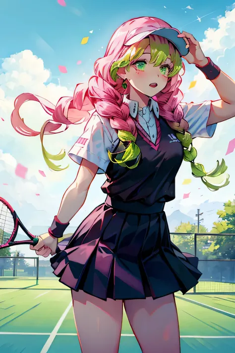 Kanroji Honey, Gradient Hair, Pink Hair, Green Hair, Tennis Uniform, Skirt, Sun Visor, Refreshing