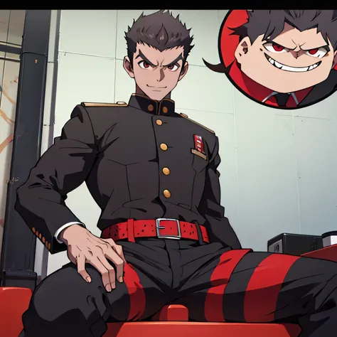 Age 25,,Simple black GAKURAN、Red Shirt,  black slim pants  ,cool battle pose、Spread your legs wider,black belt,logic, Gay ,Brown Hair, short hair on the side of the uniform, thick eyebrows, Lightly Set Your Hair with Wax 、Masculine,salaryman,Mob characters...