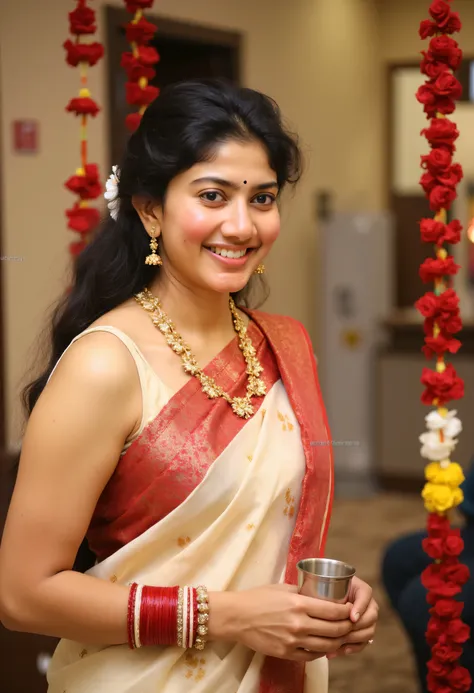 "Create a realistic 8k image of a traditional Indian woman dressed in an elegant cream saree with a rich red border. She is adorned with traditional gold jewelry, including a necklace with pendants and matching earrings, and has jasmine flowers in her neat...