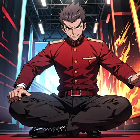 Age 25,,Simple black GAKURAN、Red Shirt,  black slim pants  ,cool battle pose、Spread your legs wider,black belt,Black socks,Black leather shoes,logic, Gay ,Brown Hair, short hair on the side of the uniform, thick eyebrows, Lightly Set Your Hair with Wax 、Ma...