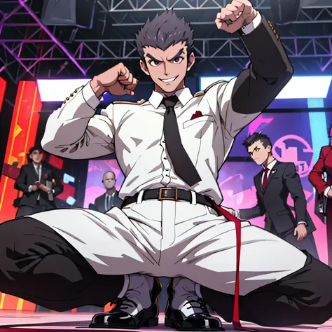 Age 25,, simple black suit、 white shirt、 Maroon Necktie,  black slim pants  ,cool battle pose、Spread your legs wider,black belt,Black socks,Black leather shoes,logic, Gay , black hair, short hair on the side of the uniform, thick eyebrows, Lightly Set Your...