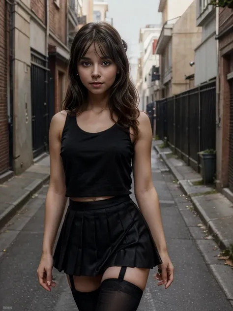 (double exposure) (full body photos),In a unoccupied empty alley outdoor, the petite Mathilda looks every bit the picture of youthful innocence. Her doll-like face, round and cherubic, is framed by a cascade of dark, silky hair that falls gently past her s...