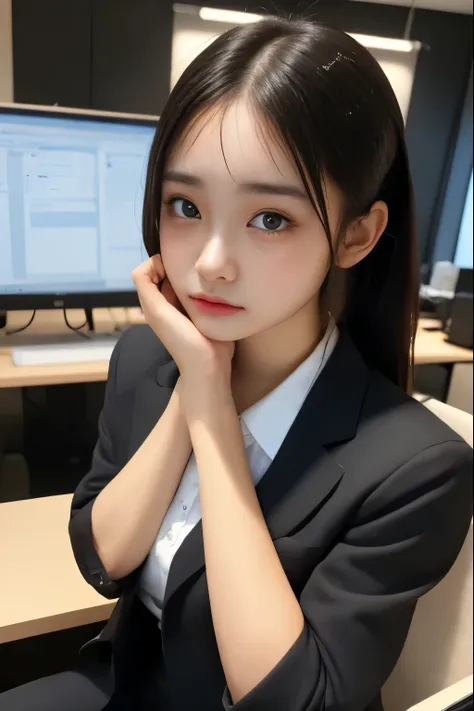 a young japanese woman in her early 20s 、 in front of a macbook laptop placed on a desk in a modern office room in a high-rise b...