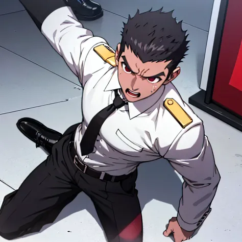 Age 25,, simple black suit、 white shirt、 Maroon Necktie,  black slim pants 、 lying on the ground  ,Spread your legs wider,black belt,Black socks,Black leather shoes,logic, Gay , black hair, short hair on the side of the uniform, thick eyebrows, Lightly Set...