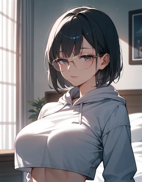 Masterpiece, (best quality), (high quality), anime, home bedroom, beautiful evening, 1girl, (droopy eyes), half closed eyes, big breasts, dark hair, straight hair, small glasses, cropped hoodie, detailed, best quality shadows, 4K