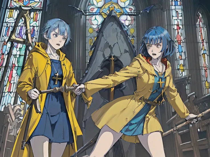 luce, 1girl, solo, ((detailed face, masterpiece, best quality, high resolution):1.2),((blue hair, short hair, hood, yellow raincoat, red dress, walking stick, cross necklace)), (pale skin), ((fighting demons, monsters, in a church, cathedral, stained glass...