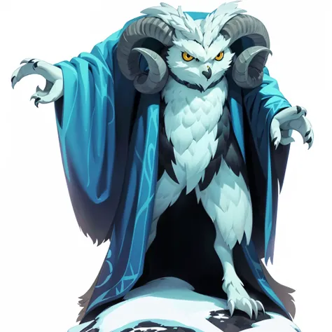 mstoconcept art, european and american cartoons, game character design, solo, 1MAN, CLEAN FACE,  white BACKGROUND, monster,FULL BODY, STANDING, head of a snowy owl, black talons, cloven hooves, gray wolf fur body, curved goat horns, white torn cloak, (((de...