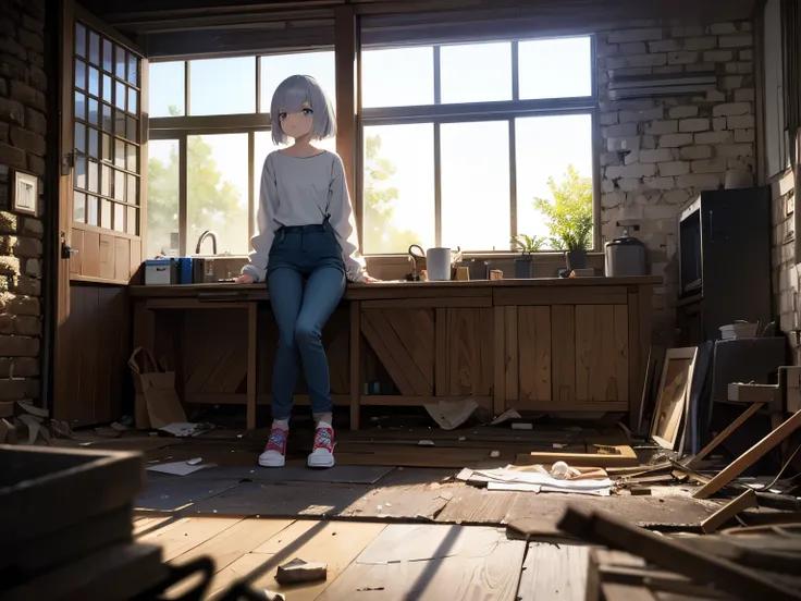  high definition ,Japanese house,ruins,Shabby Building ,Crumbling wall , Sunlight shining through a perforated roof,The floor is missing, overall dusty ,汚れたindoor, is anatomically correct, one girl who is at ease, slender,white long sleeve sweatshirt ,Deni...