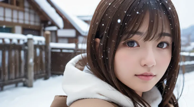 High definition, 4K, photo quality, realistic, soft light source, wide shot, Japanese, one girl, pretty girl, 20 years old, brown eyes, parted bangs, brown hair, medium hair, looking at camera, upper body.
Background is Snow Monster, Yamagata, midwinter.