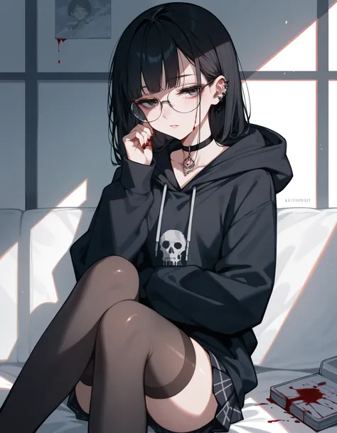 (Masterpiece), (best quality), (high quality), anime, school, 1girl, goth girl, blood, (depressed look), half closed eyes, detailed eyes, long black stockings, dark hair, straight hair, small glasses, hoodie, detailed, best quality shadows, highest resolut...