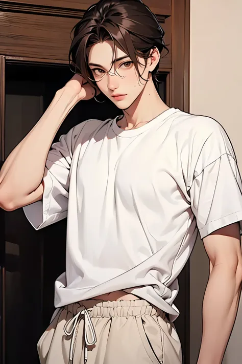 Handsome and cute Manhwa boy, Handsome and cute Manhwa boy, Brown eyes, Brown hair color, Wear a tight white t-shirt, Put on sweatpants, fit, White skin