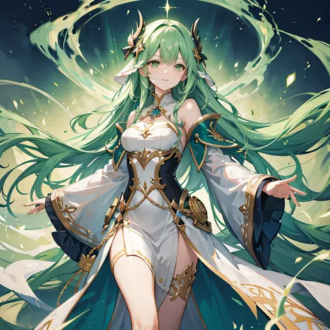 Create an ethereal scene featuring a mystical figure enveloped in swirling green energy. The figure should have long, flowing hair and wear a flowing robe that blends seamlessly with the vibrant green hues around them. The background should be a dynamic sw...