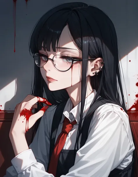 (Masterpiece), (best quality), (high quality), anime, school, 1girl, goth girl, blood, (depressed look), half closed eyes, detailed eyes, long black stockings, dark hair, straight hair, small glasses, detailed, best quality shadows, highest resolution, 4k