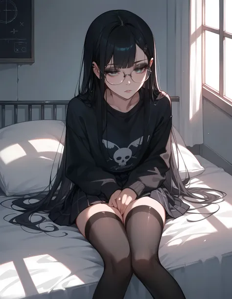 (Masterpiece), (best quality), (high quality), anime, school, 1girl, goth girl, (depressed look), half closed eyes, detailed eyes, long black stockings, dark hair, straight hair, small glasses, detailed, best quality shadows, highest resolution, 4k