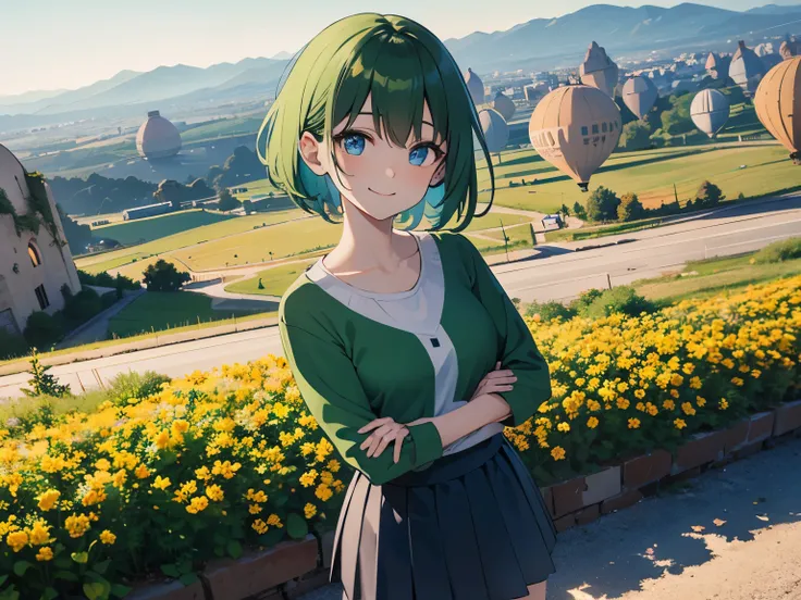  high definition ,Cappadocia, is anatomically correct, one girl who is at ease,Outdoor,（ green hair）,Shiny Hair, shorthair, blue eyes,Shining Eyes,smile,pale yellow long sleeve sweatshirt,（long flared skirt）,（Floral Skirt）