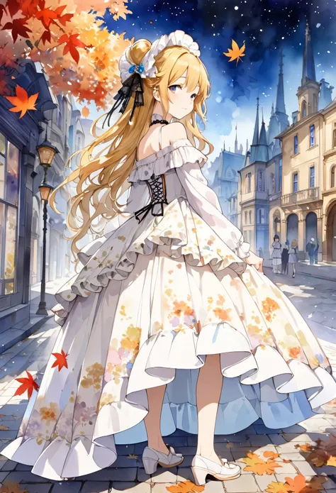 (((nsfw)))、 (((watercolor))), (((gothic))),      tree々Woman standing on a street surrounded by   、 A fascinating scene  ,      Decorate with hair accessories      、        pose is medium length       ,            wavy blonde hair    ..。.。Super mini skirt w...