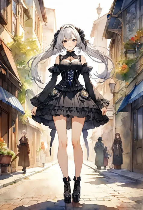 (((nsfw)))、 (((watercolor))), (((gothic))),      tree々Woman standing on a street surrounded by   、 A fascinating scene  ,     Decorate with hair accessories     、       The pose is medium length      ,         Straight silver hair ..。.。Super mini skirt wit...