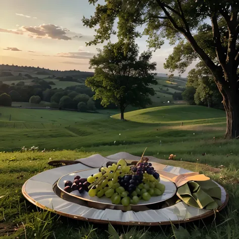 Landscape on a meadow. A plate of grapes is lying on the grass