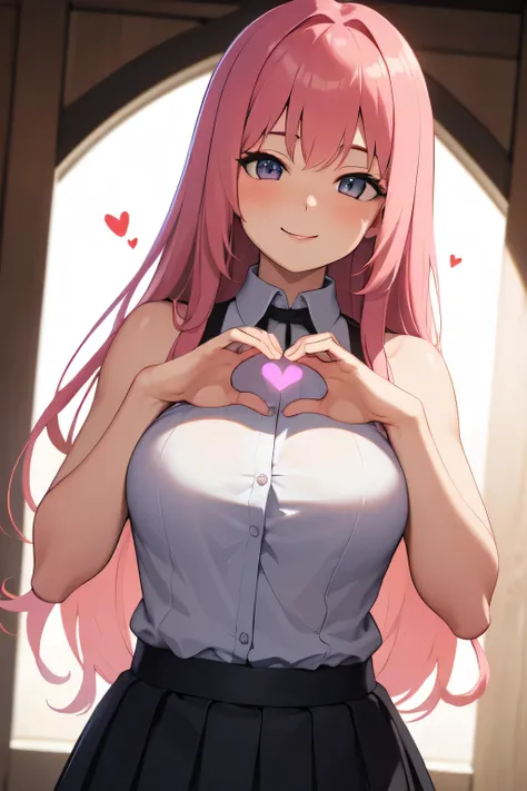 (( best quality)), ((masterpiece)), (  Details),  1 girl ,  sexy, sleeveless,Shoulder Bare, pink hair, long hair,smile, dress, skirt,Make a heart with both hands,