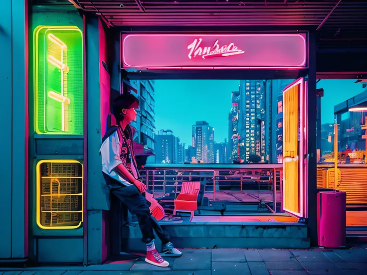 Stylish and urban impression　 An atmosphere like an 80s magazine illustration 　2D Style Anime　 Analog Color Themes 　neon　casual everyday life