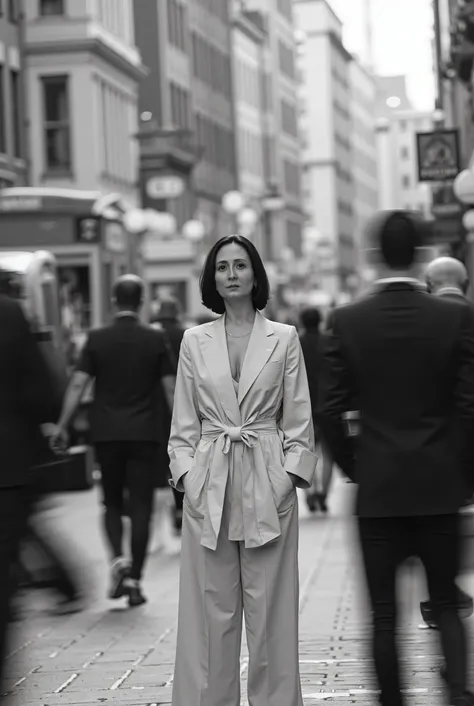 Street photo of a woman with dark hair, bob haircut, in a light oversize trouser suit, she is standing on the street. The image has the effect of motion blurring, natural lighting and film graininess. The woman is in a very confident pose, people around he...