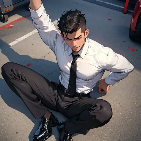 age 25,, simple black suit、 white shirt、 maroon necktie,  black slim pants 、 lying on the ground  ,spread your legs wider,black ...