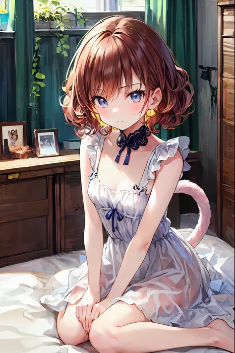 Late night bedroom、electric light、ベッドで仰向けに寝ている brown hairの美しい女の子、、the above、 dim room sitting in a wooden box、Amber lighting、 embarrassed face 、 Very detailed,  super A high resolution , razor dress 、( best qualityのイラスト:1.2), (cute girl:1.1), ( 1 girl, Alo...