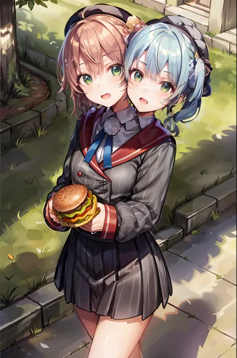 (masterpiece, best quality), best resolution, 16k, (two heads, conjoined_dicephalus:1.5), close-up, ui1, 1girl, solo, hair rings, pom pom hair ornament, sailor collar, long sleeves, striped jacket, braid, vertical_striped skirt, vertical stripes, beret, lo...