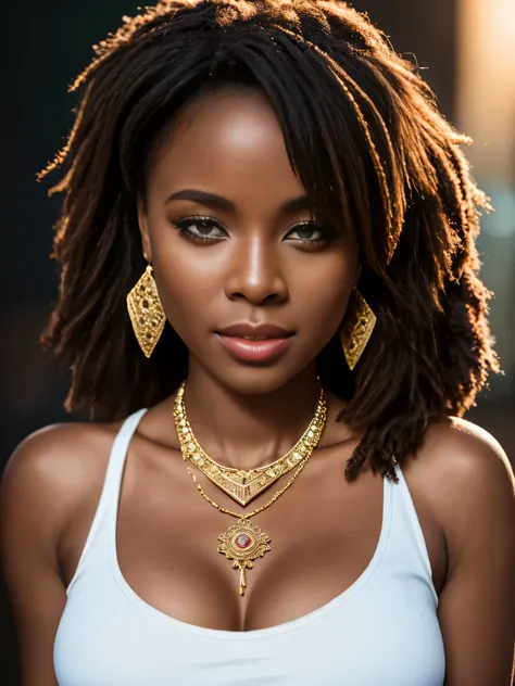 photo of a African ebony woman wearing a white tank top with hoodstarworld in black letters across chest , sideboob,  stunning, gorgeous woman, girl boss, jewelry, earrings, necklace, sexy attire, long hair, looking at viewer, Realism, VFX, Volumetric Ligh...