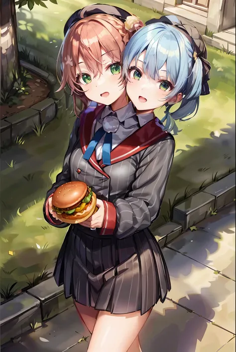 (masterpiece, best quality), best resolution, 16k, (two heads, conjoined_dicephalus:1.5), close-up, ui1, 1girl, solo, hair rings, pom pom hair ornament, sailor collar, long sleeves, striped jacket, braid, vertical_striped skirt, vertical stripes, beret, Sa...