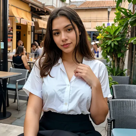  hyper-realistic 19-year-old Latin girl ,  humorous selfie for Instagram , Ultra Definition, (photoreallistic: 1.4), 8k, FIRST QUALITY, detailed backgrounds, delicate way,  Natural makeup , RAW photo, iPhone, HDR, Flirting with the viewer, in an open-air r...