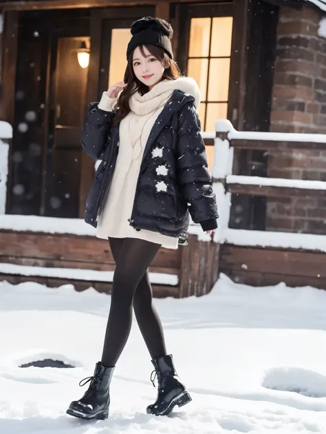 (((masterpiece))), (((  best quality: 1.4))), (( super detailed: 1.4)) ,  Movie Lighting, Shoot a snowy field clearly  、  very cute 、  beautiful girl、Very popular idol、 Beautiful Skin 、  white skin、 Midwinter Fashion  、   thick tights  、  Short Boots 、Pose...