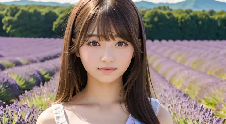 High definition, 4K, photo quality, realistic, soft light source, wide shot, Japanese, one girl, pretty girl, 20 years old, brown eyes, parted bangs, brown hair, medium hair, looking at camera, upper body. 
Background is a lavender field in Hokkaido, Japan...