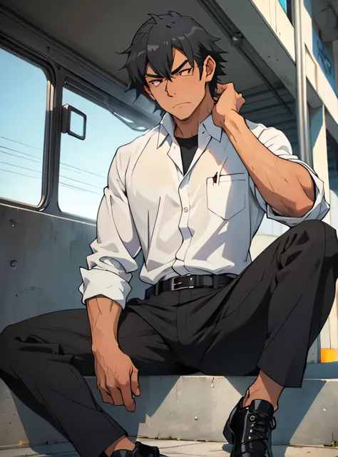 Age 30,father, Simple Black Single Suit ,  Sitting on the Ground  ,Spread your legs wider,black belt,Black socks,Black leather shoes, black tuxedo ,logic, Gay , black hair, Shorthair, thick eyebrows,Stubble, Lightly Set Your Hair with Wax , Hachiman Hachim...