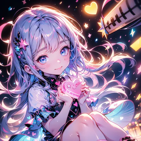face close-up、 chocolate plate icon 、 holding a heart cushion 、 chibi、cute love fairy、cute、 pretty face、( beautiful eyes、 detailed eyes on board)、( Best Details 、The best configuration、 perfect anatomy)、Full body front、Front、 facing the viewer 、 one girl ...