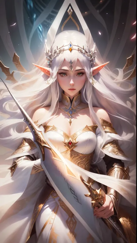 :  woman with long hair and a sword in a white dress, detailed fantasy art ,  detailed digital anime art , portrait of an Queen of the Elves,  attractive elf princess knight , Queen of the Elves,  vintage ring elf  , beautiful and elegant Queen of the Elve...