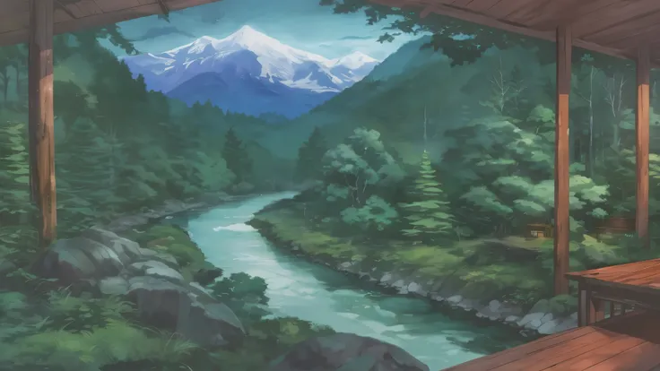 forest,river,mountain ,studio ghibli style ,cozy