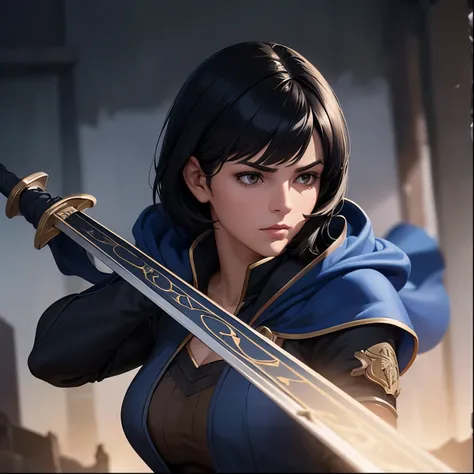 a young woman with short black hair and brown eyes, summoned in a school uniform with a blue cape and sword, detailed portrait, exquisite, realistic, photorealistic, 8k, hyper detailed, oil painting, dramatic lighting, rich colors, cinematic, epic fantasy,...