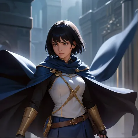 a young woman with short black hair and brown eyes, summoned in a school uniform with a blue cape and sword, detailed portrait, exquisite, realistic, photorealistic, 8k, hyper detailed, oil painting, dramatic lighting, rich colors, cinematic, epic fantasy,...