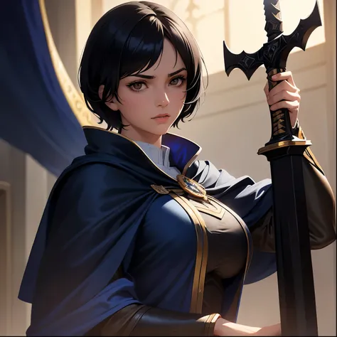 a young woman with short black hair and brown eyes, summoned in a school uniform with a blue cape and sword, detailed portrait, exquisite, realistic, photorealistic, 8k, hyper detailed, oil painting, dramatic lighting, rich colors, cinematic, epic fantasy,...