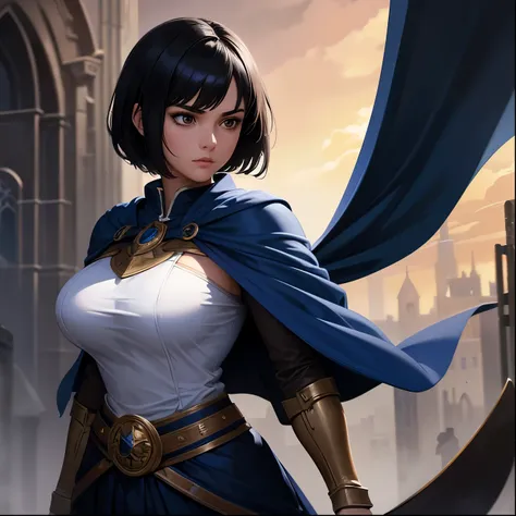 a young woman with short black hair and brown eyes, summoned in a school uniform with a blue cape and sword, detailed portrait, exquisite, realistic, photorealistic, 8k, hyper detailed, oil painting, dramatic lighting, rich colors, cinematic, epic fantasy,...